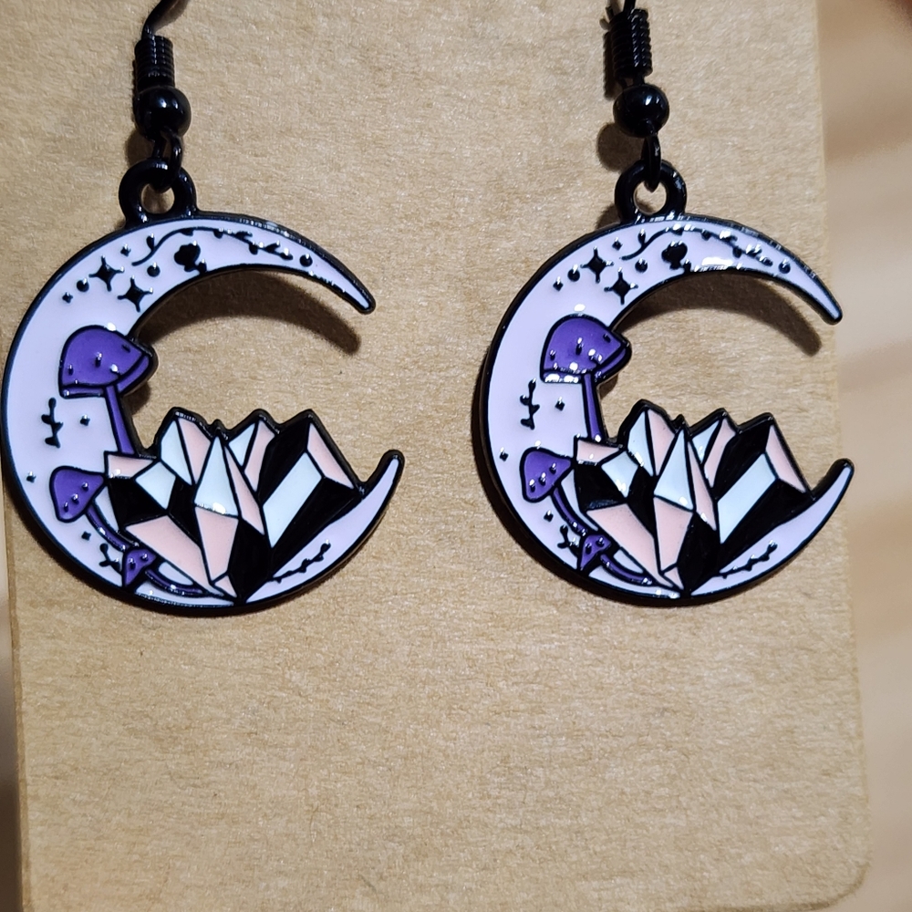 Handmade Set Of 2 Cute Black & Purple Cat and Moon Crystal Mushroom Earrings - Picture 3 of 6